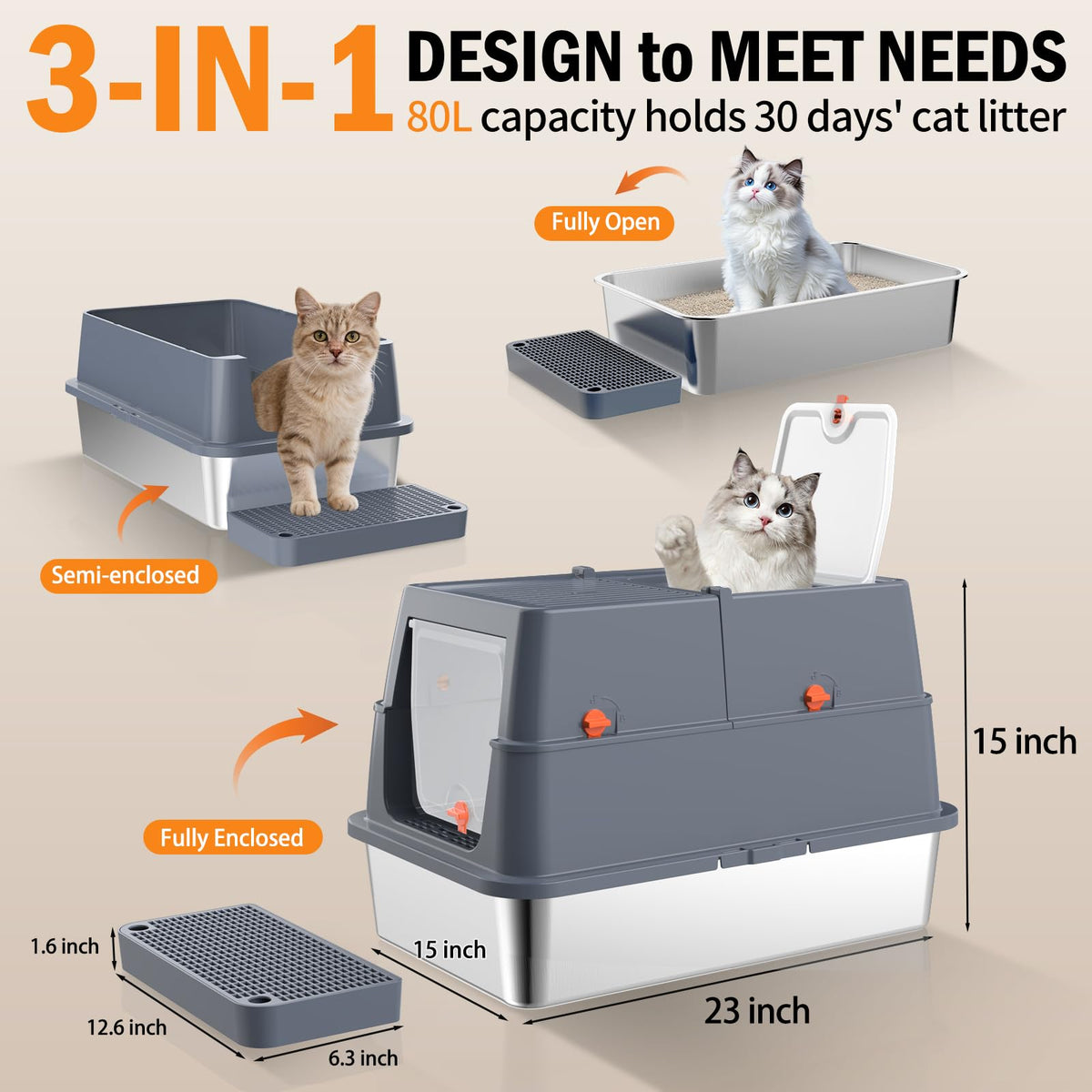 Kahu & Kin CleanSteel™ Convertible Stainless Steel Litter Box